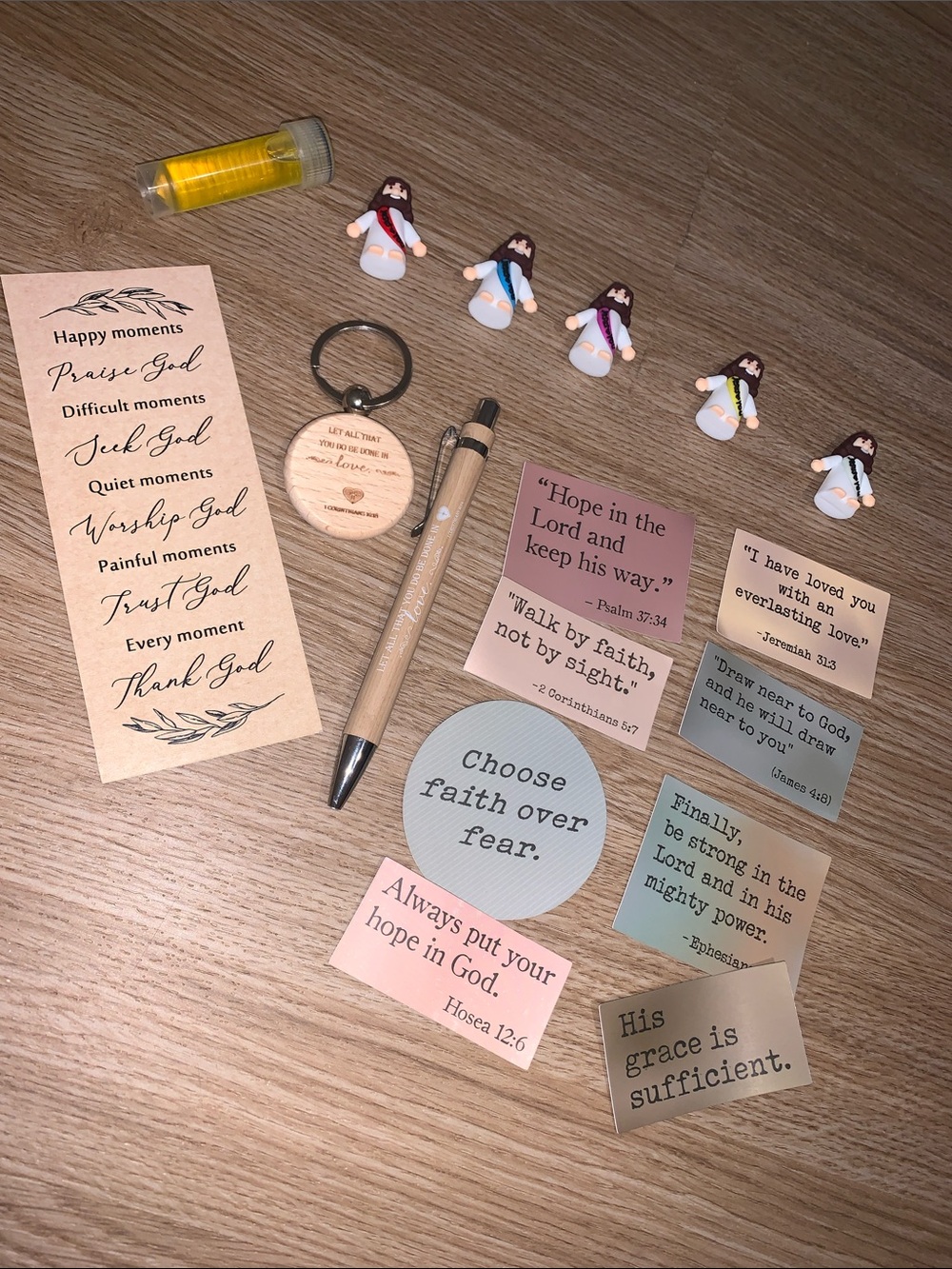 Faith based lot- 5 Jesus figures, 8 stickers, keychain, pen, oil and bookmark